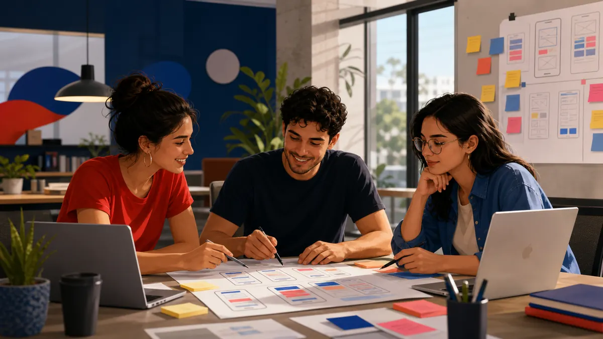 Equipo joven colaborando en un taller de producto digital