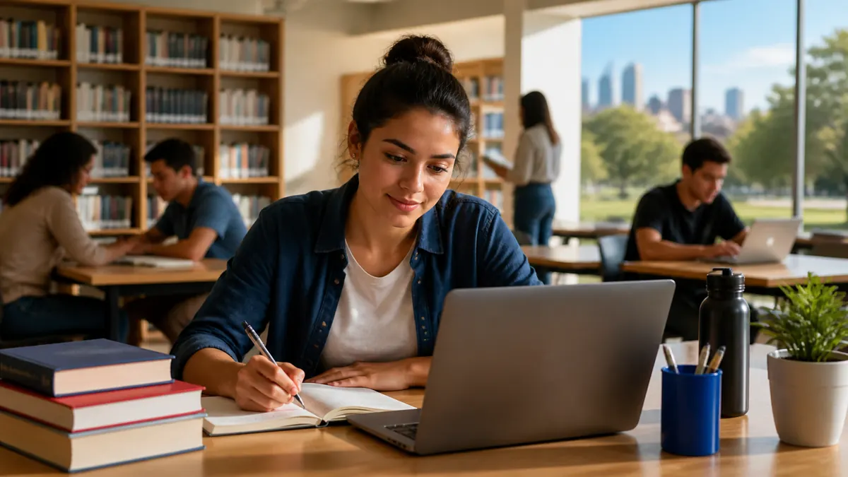 Estudiante preparándose en una biblioteca