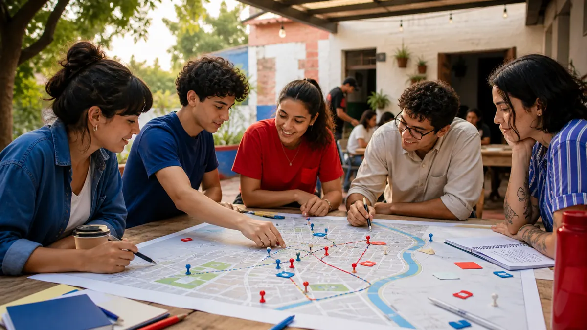 Voluntariado joven trabajando sobre un mapa comunitario